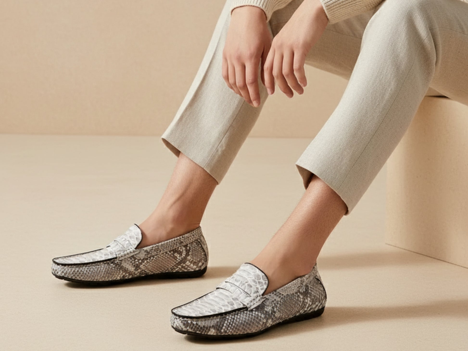 Genuine Python Snakeskin Loafers: Natural Gray Unisex Slip-On Shoes