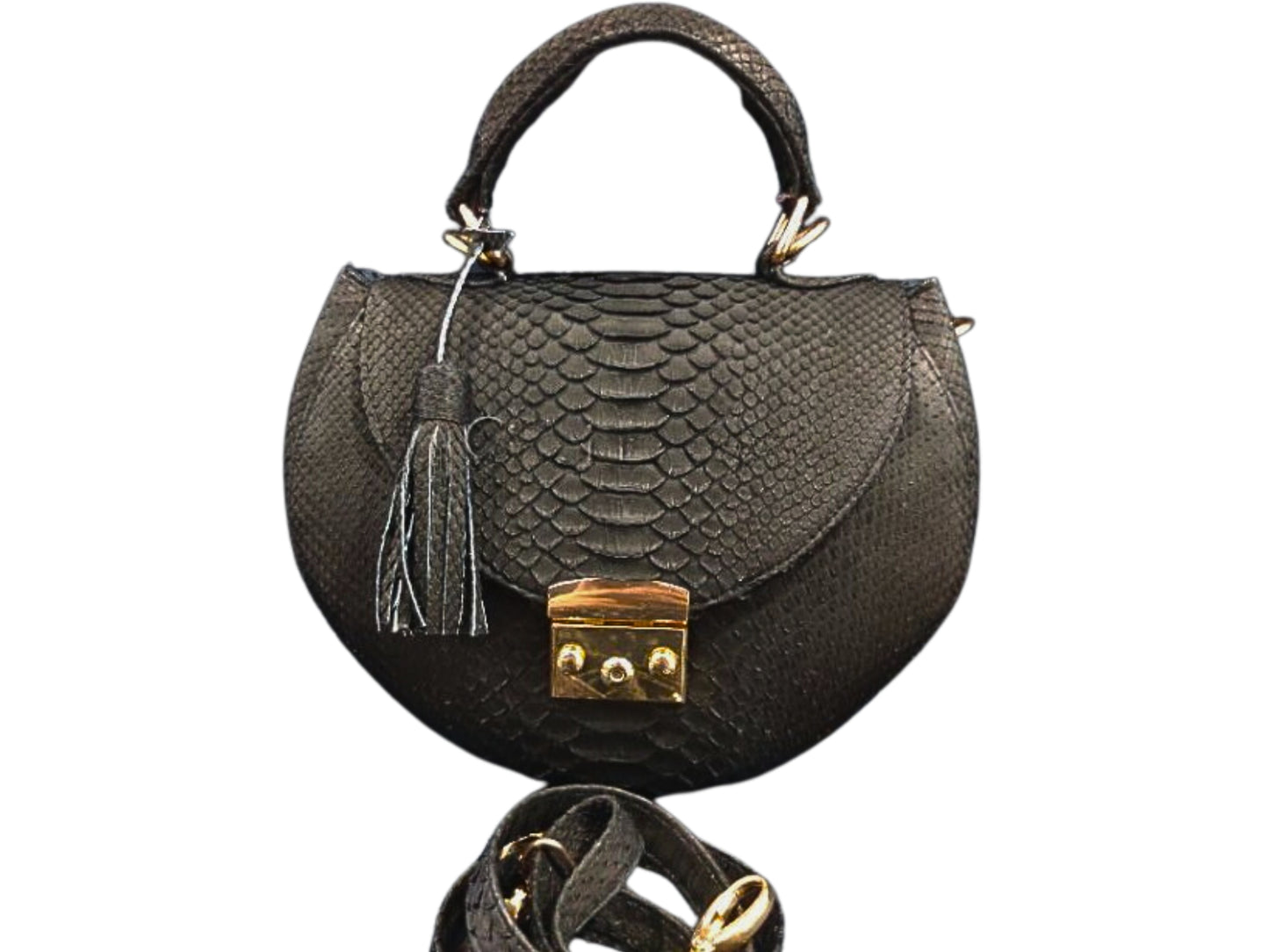 Oval Snakeskin Satchel Handbag - Black