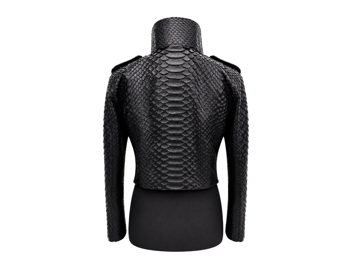 Black textured snakeskin-patterned cropped jacket with a high mock neck and shoulder epaulets, displayed on a black dress form against a white background.