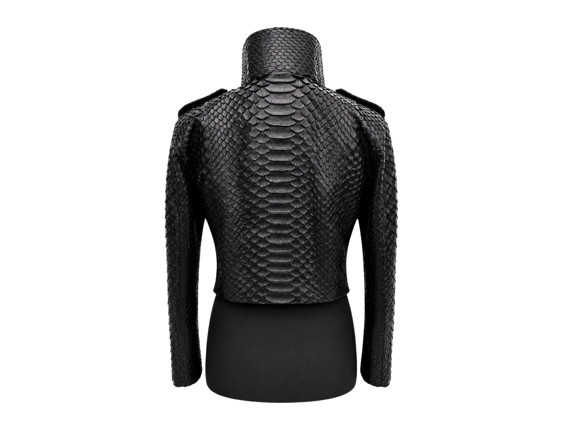 Black textured snakeskin-patterned cropped jacket with a high mock neck and shoulder epaulets, displayed on a black dress form against a white background.