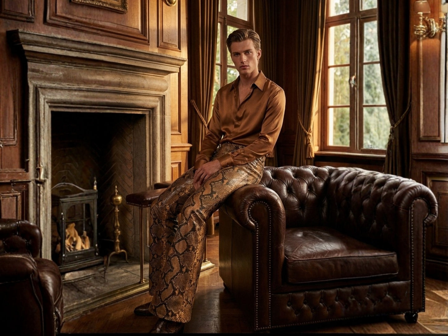 Men Snakeskin Flared Pants