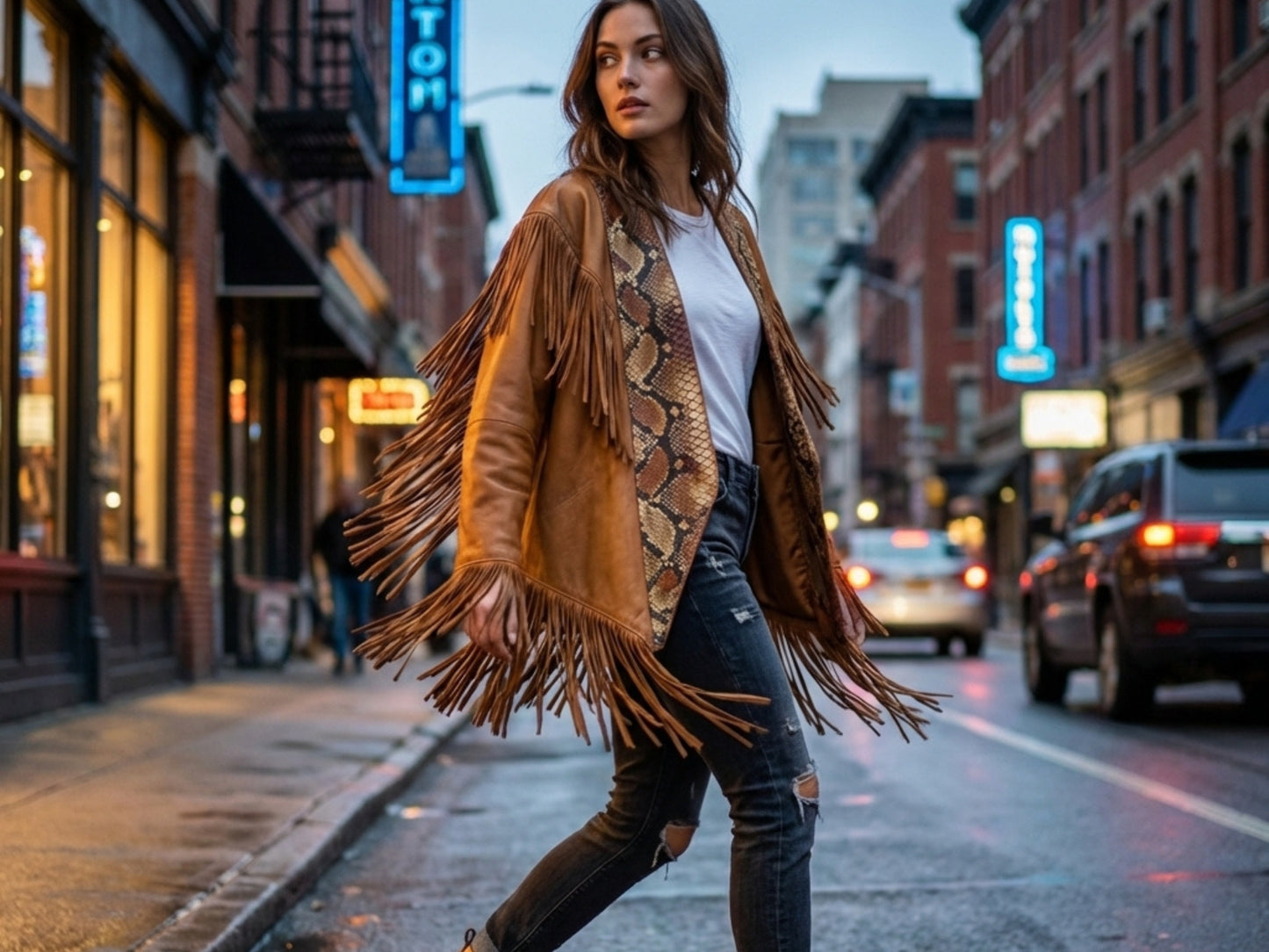 Brown Snakeskin Fringe Leather Jacket
