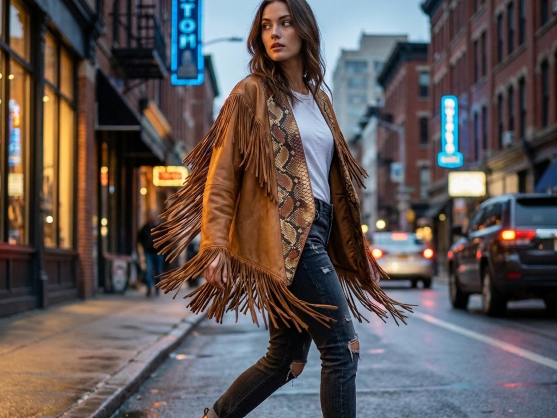 Brown Snakeskin Fringe Leather Jacket