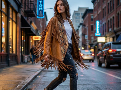 Brown Snakeskin Fringe Leather Jacket