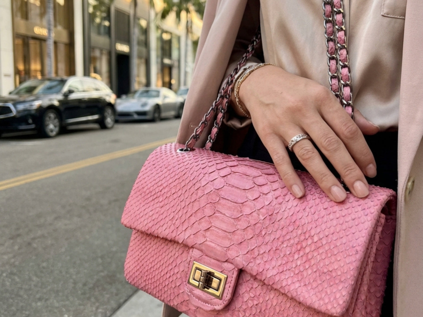 Pink Snakeskin Chain Strap Purse | Genuine Python Shoulder Leather Bag