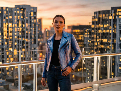 Handmade Blue Python Snakeskin Biker Jacket – Exotic Leather Moto Coat