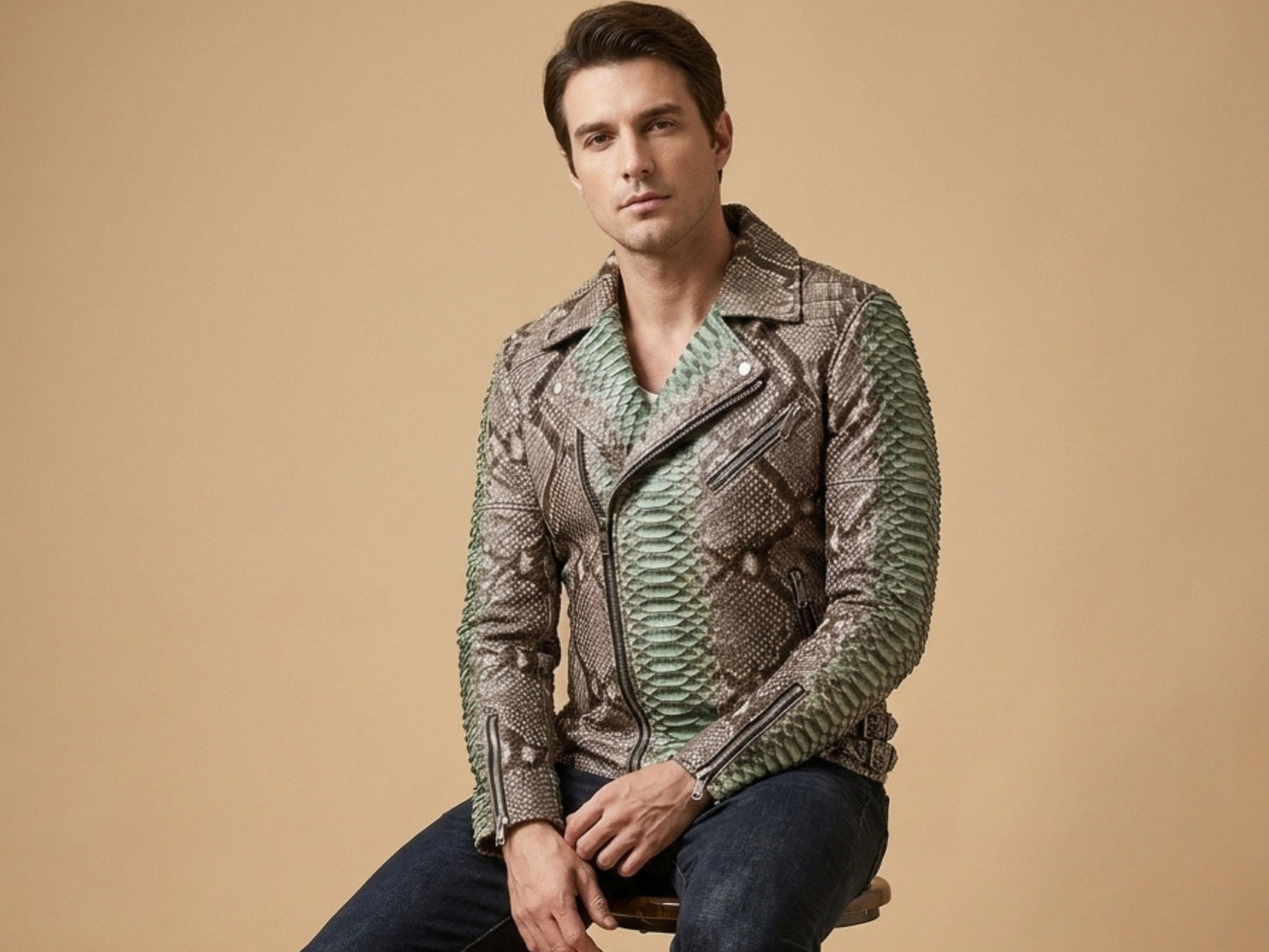 Genuine Python Snakeskin Leather Biker Jacket: Natural Gray with Green Gradation