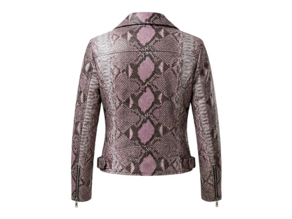 Back view of pink python snakeskin biker jacket showing exotic leather pattern and fitted silhouette