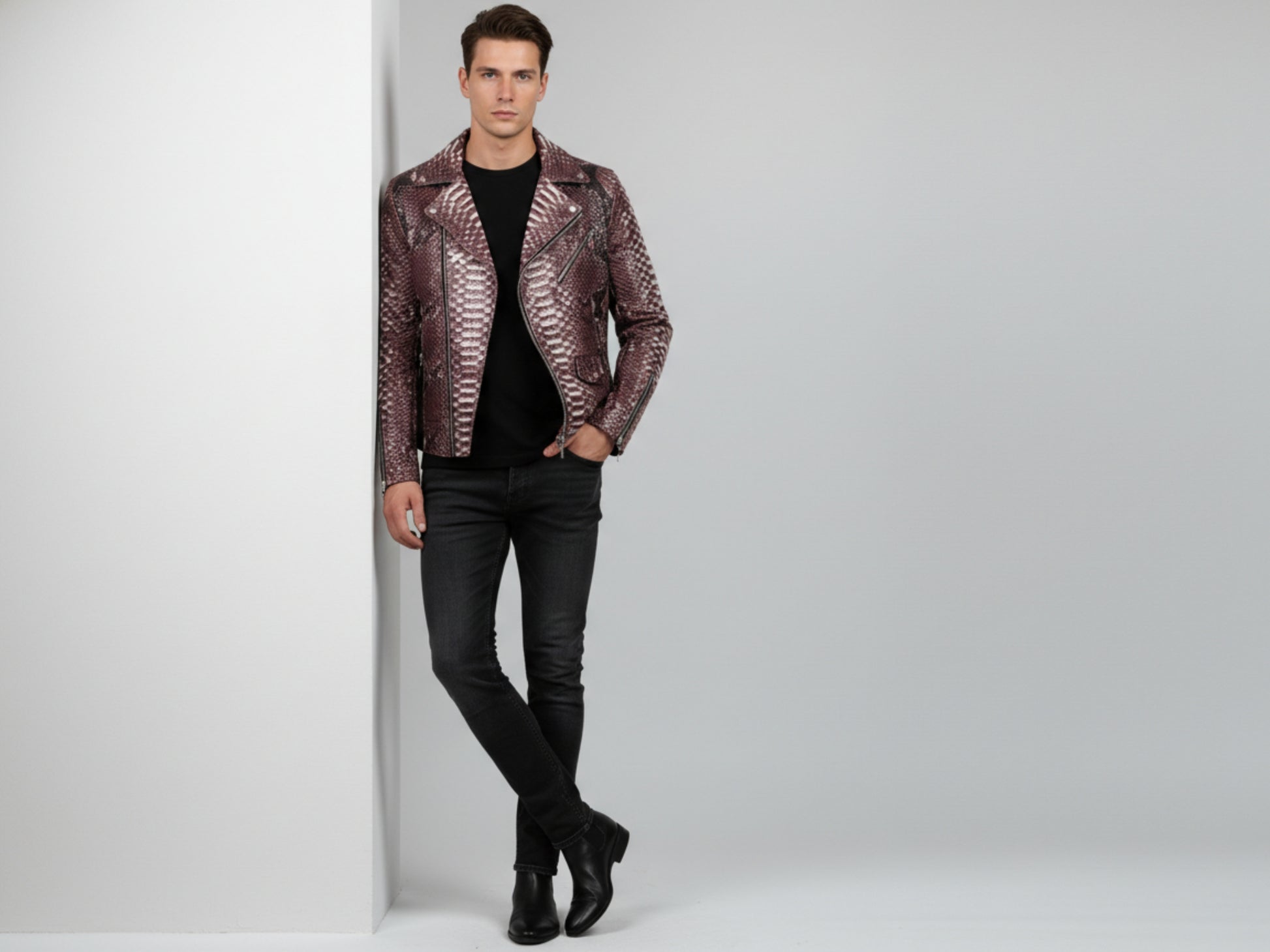 Genuine Python Snakeskin Leather Biker Jacket: Gradient Burgundy Exotic Motorcycle Jacket