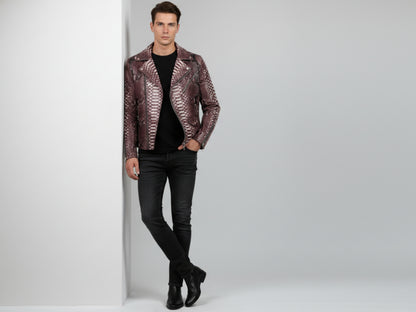 Genuine Python Snakeskin Leather Biker Jacket: Gradient Burgundy Exotic Motorcycle Jacket