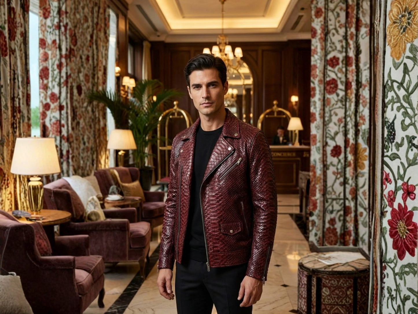 Genuine Python Snakeskin Leather Biker Jacket: Luxury Burgundy Exotic Motorcycle Jacket for Men