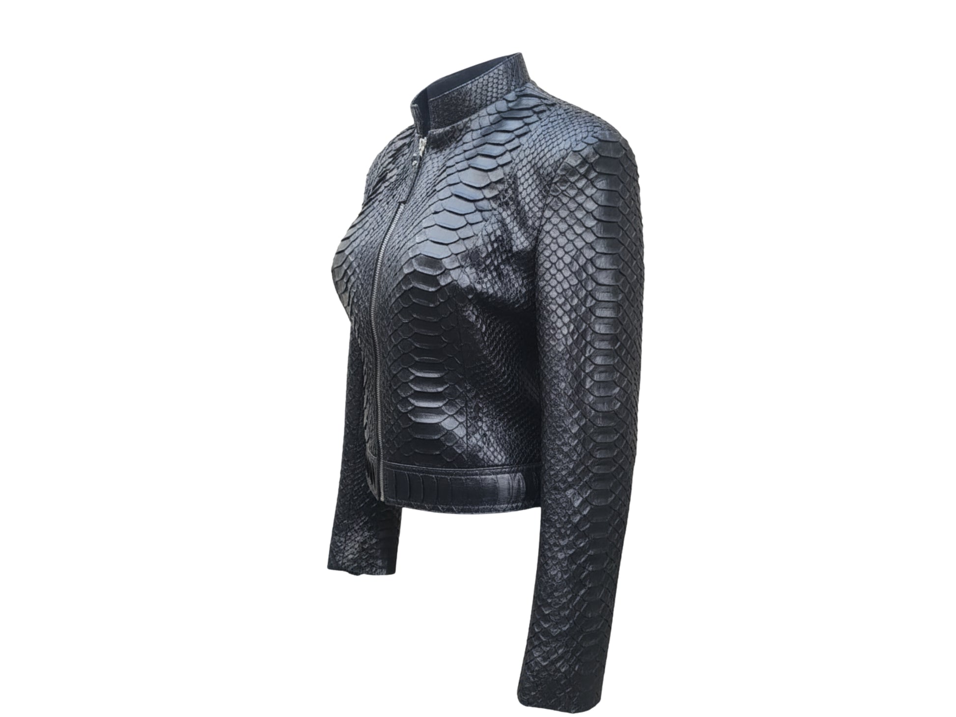 Black leather jacket with snake skin pattern on a white background
