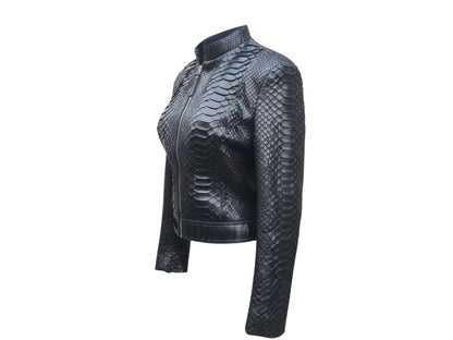 Black leather jacket with snake skin pattern on a white background