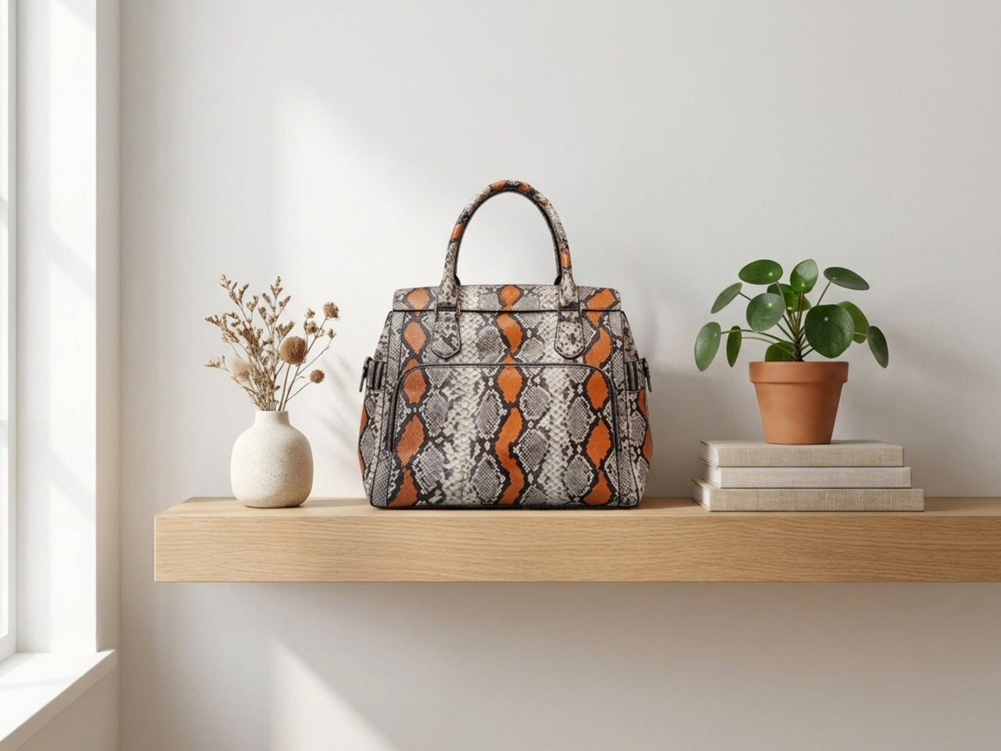 Orange Python Snakeskin Leather Satchel Tote