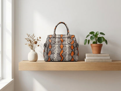 Orange Python Snakeskin Leather Satchel Tote