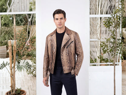 Genuine Python Snakeskin Biker Jacket for Men | Handmade Brown Exotic Leather Motorcycle Jacket