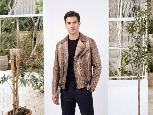 Genuine Python Snakeskin Biker Jacket for Men | Handmade Brown Exotic Leather Motorcycle Jacket