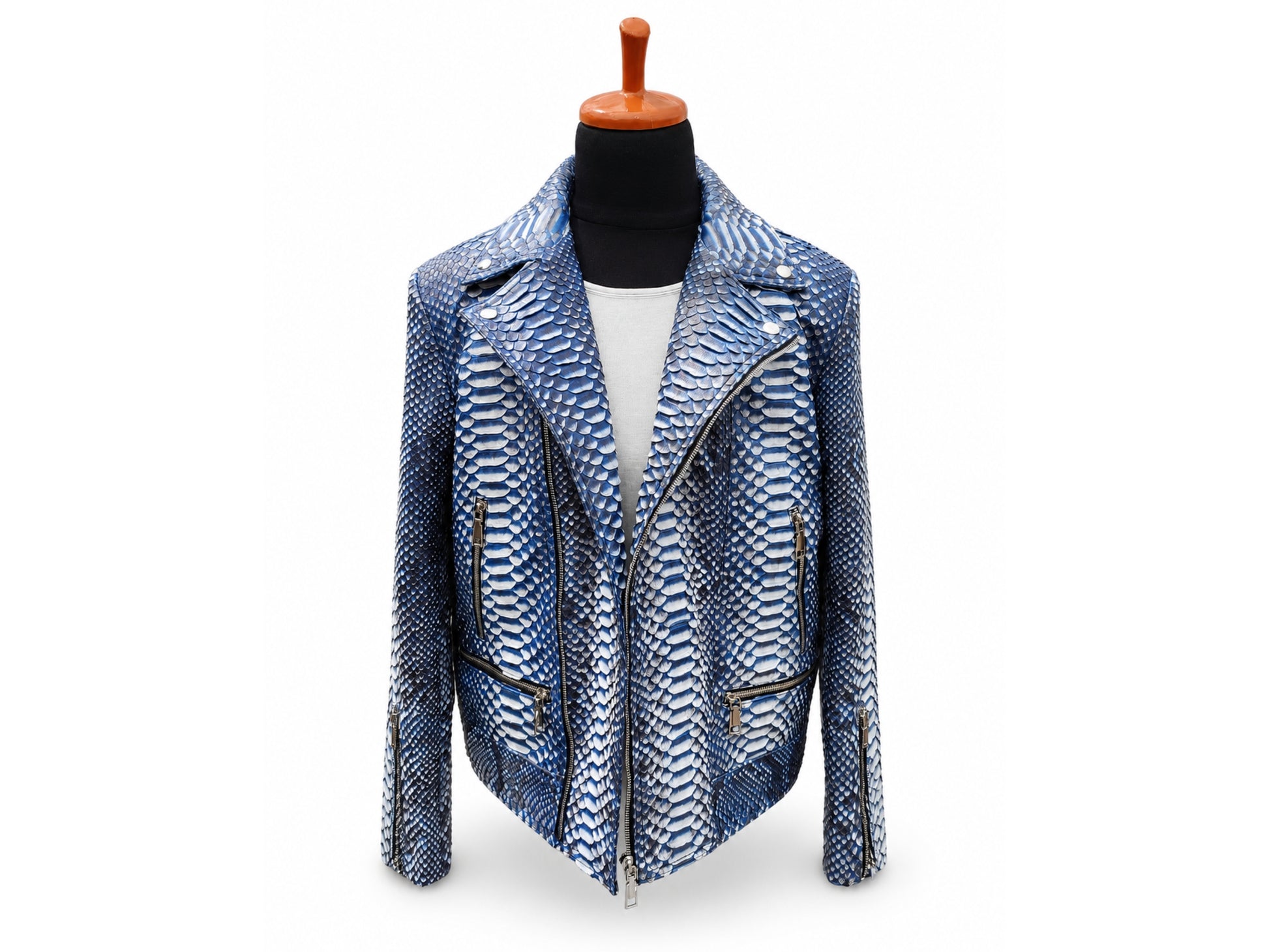 Blue patterned jacket on a mannequin against a white background