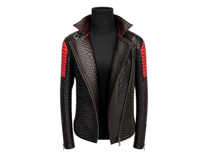 Python Snakeskin Leather Jacket - Black Red Motorcycle Fashion - LFM Fashion
