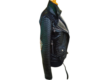 black Vintage Punk Leather Jacket | Real Python Snake Skin