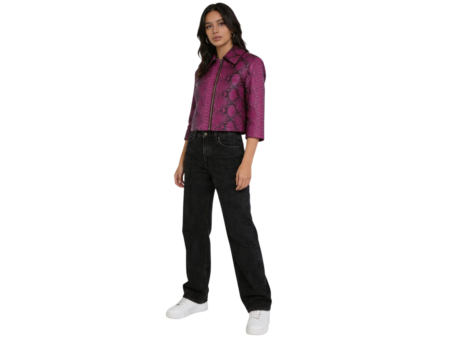 women magenta snakeskin jacket full body outfit styling black jeans