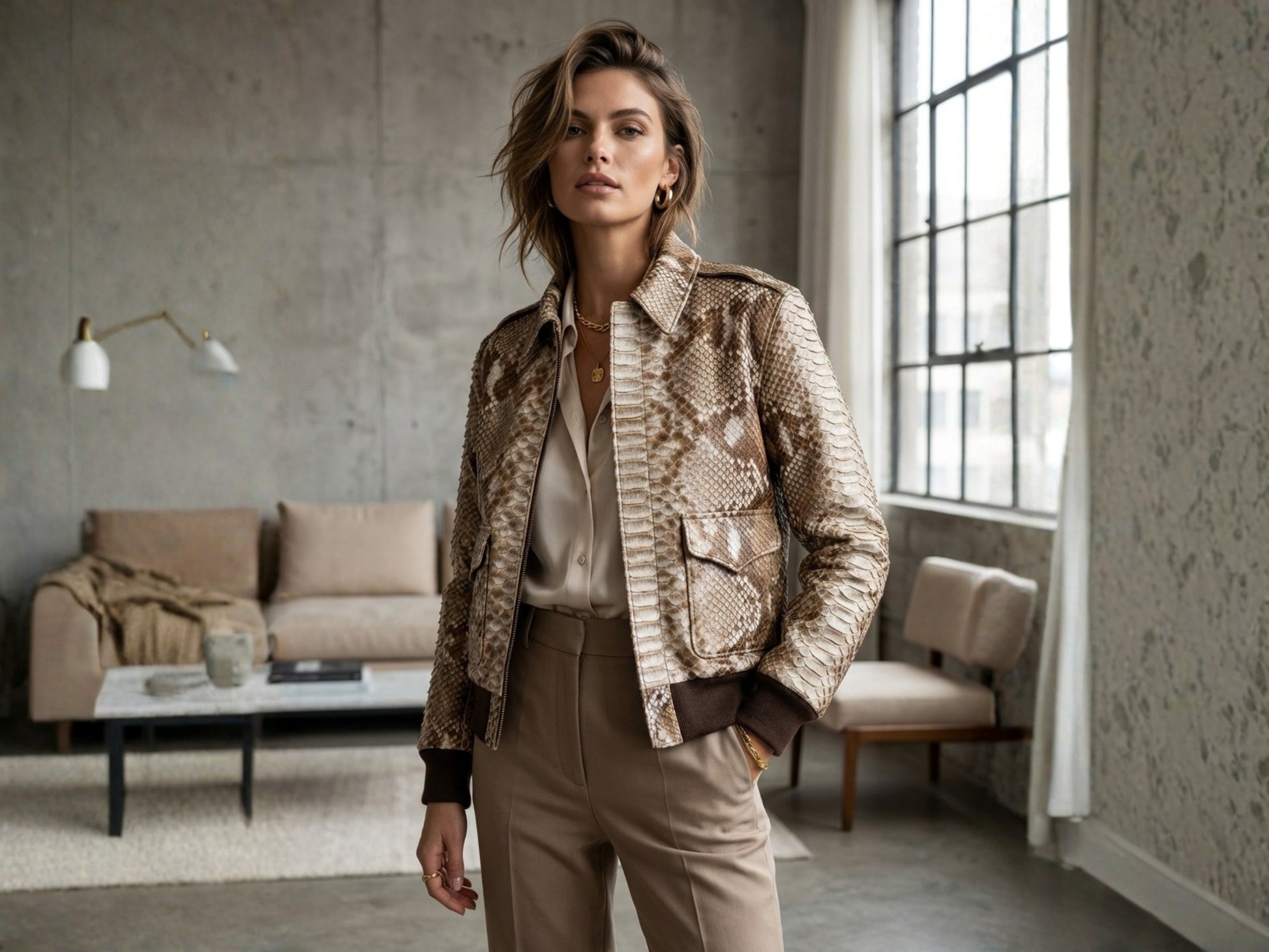 Taupe Beige Python Snakeskin Bomber Jacket