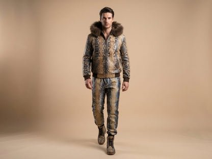 Python Snakeskin Tracksuit: Genuine Fox Fur Hoodie