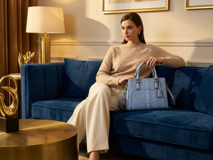 Light Blue Python Snakeskin Leather Satchel Tote