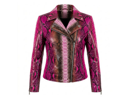 Genuine Python Snakeskin Leather Biker Jacket for Women: Pink Brown Exotic Motorcycle Jacket