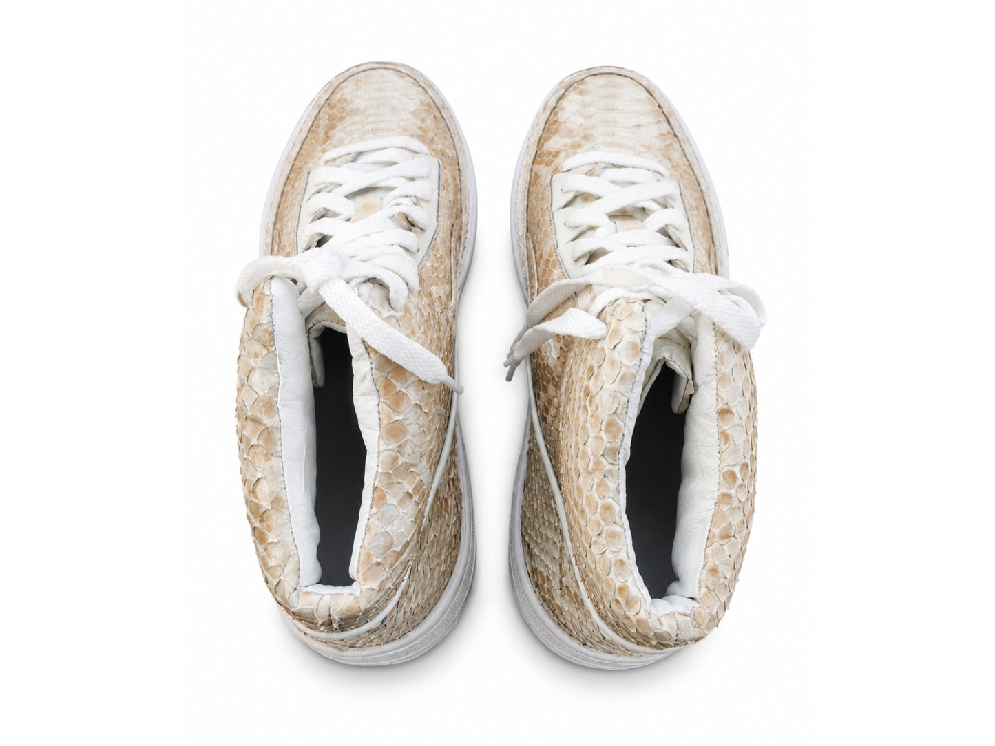 Beige Python Snakeskin Leather High-Top Sneakers