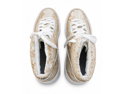 Beige Python Snakeskin Leather High-Top Sneakers