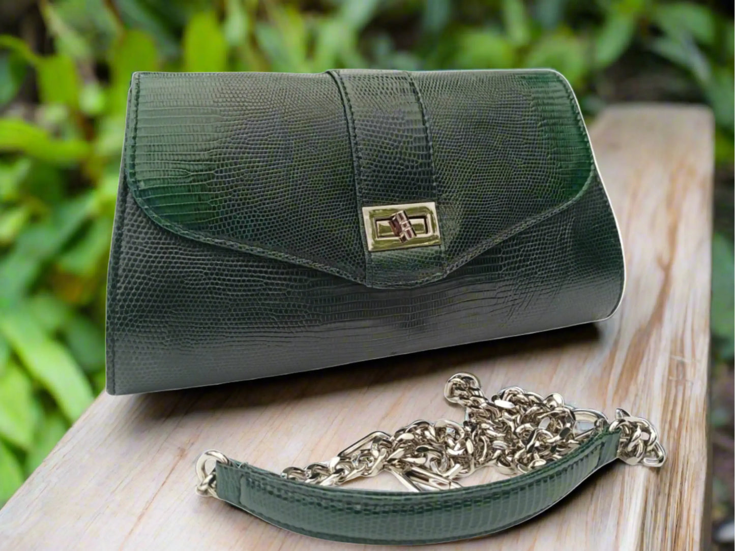 Crossbody Bag with Chain Strap - Genuine Lizard Skin