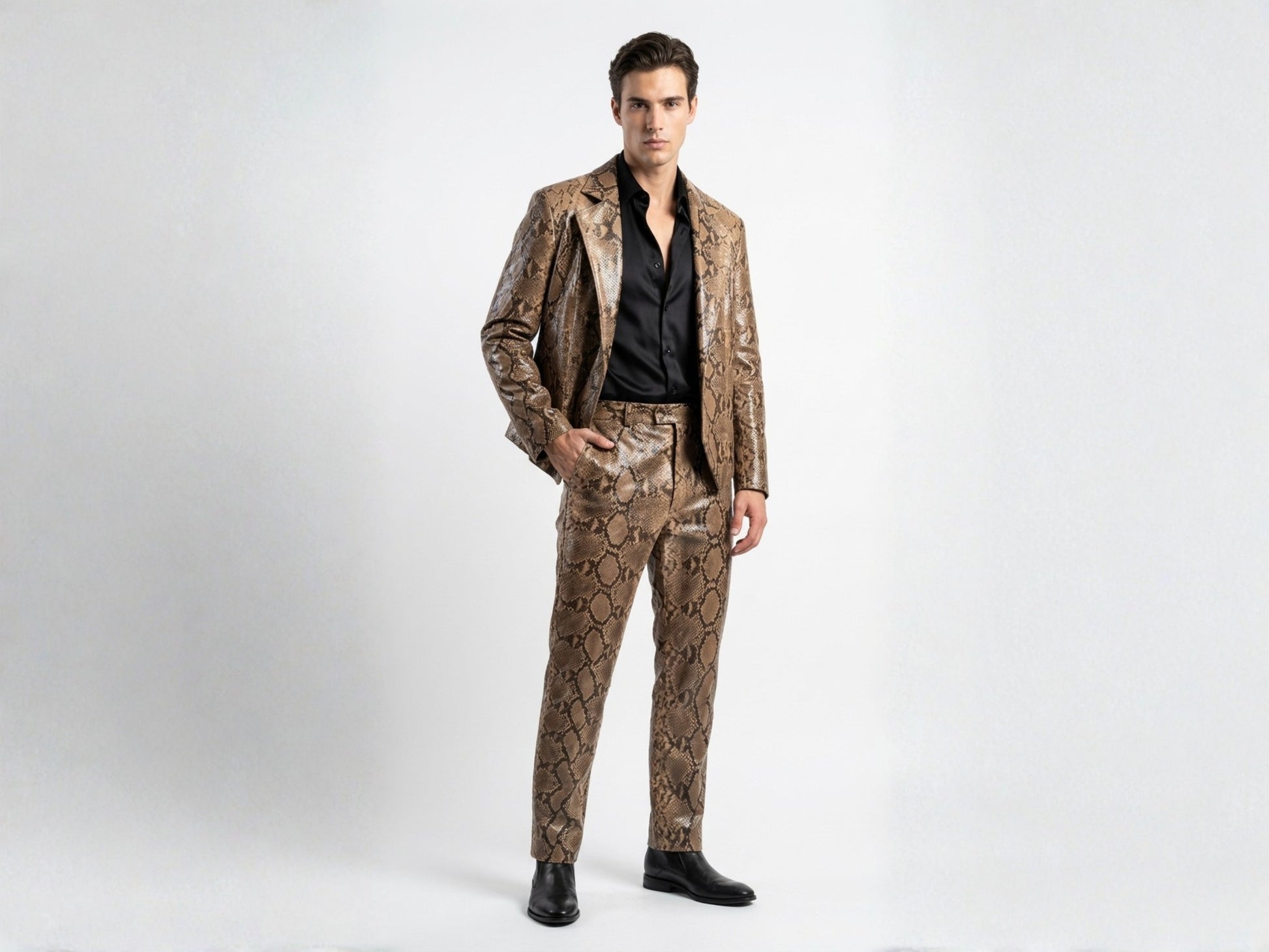 Genuine Python Snakeskin Suit Set | Brown Leather Blazer & Pants