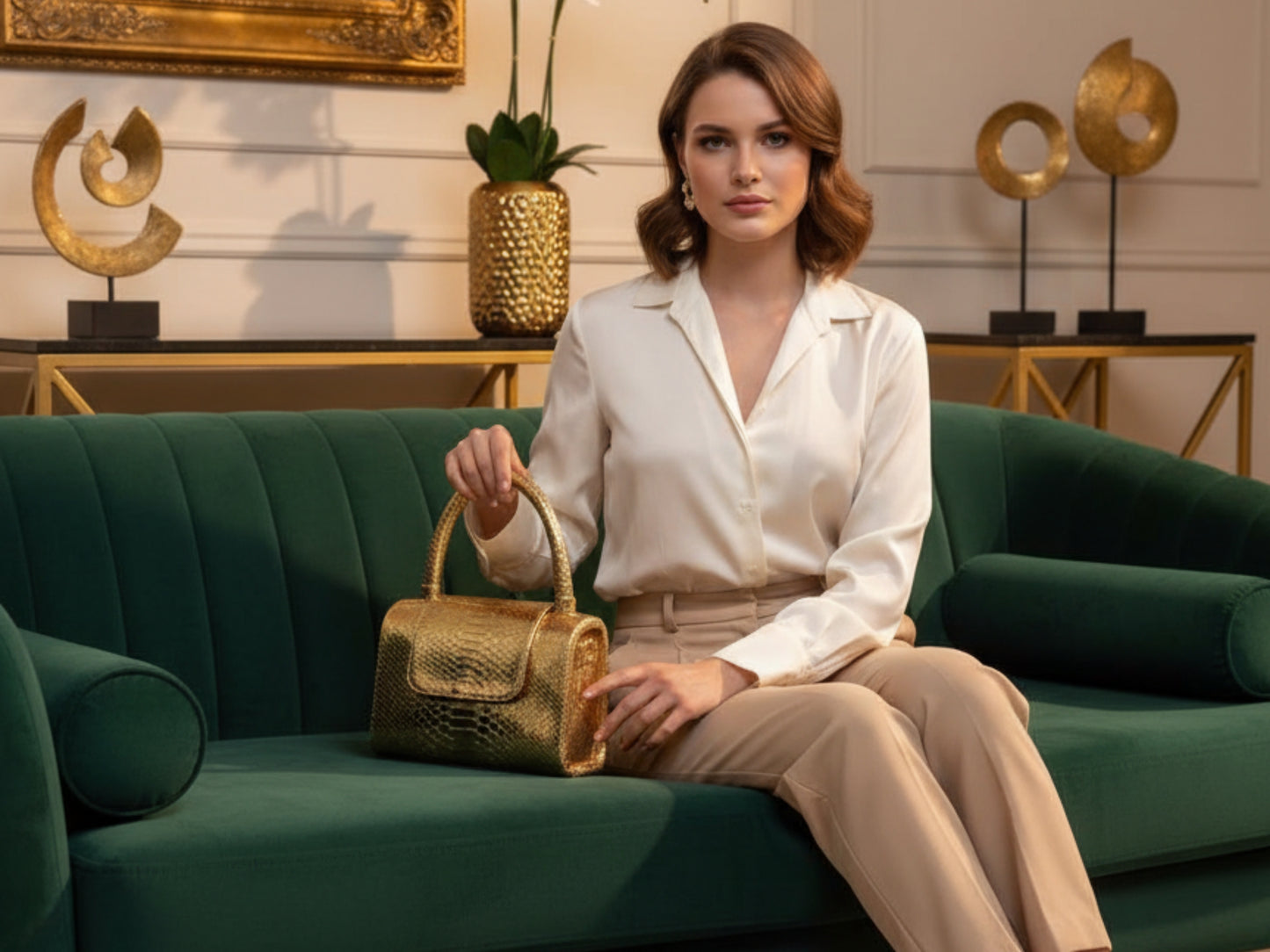 Genuine Python Snakeskin Leather Handbag in Gold