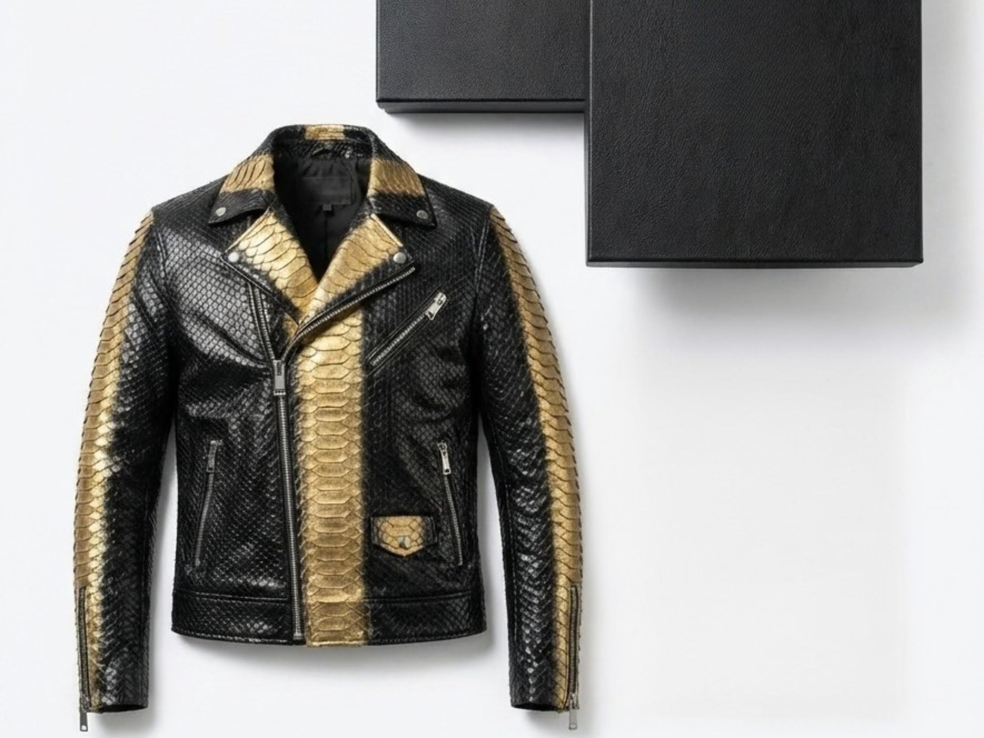 Genuine Python Snakeskin Biker Jacket: Black Gold Exotic Leather Motorcycle Jacket