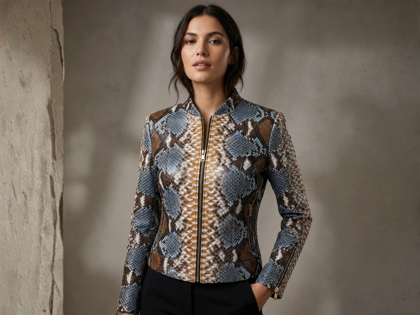 Exotic Blue Brown Python Snakeskin Leather Jacket