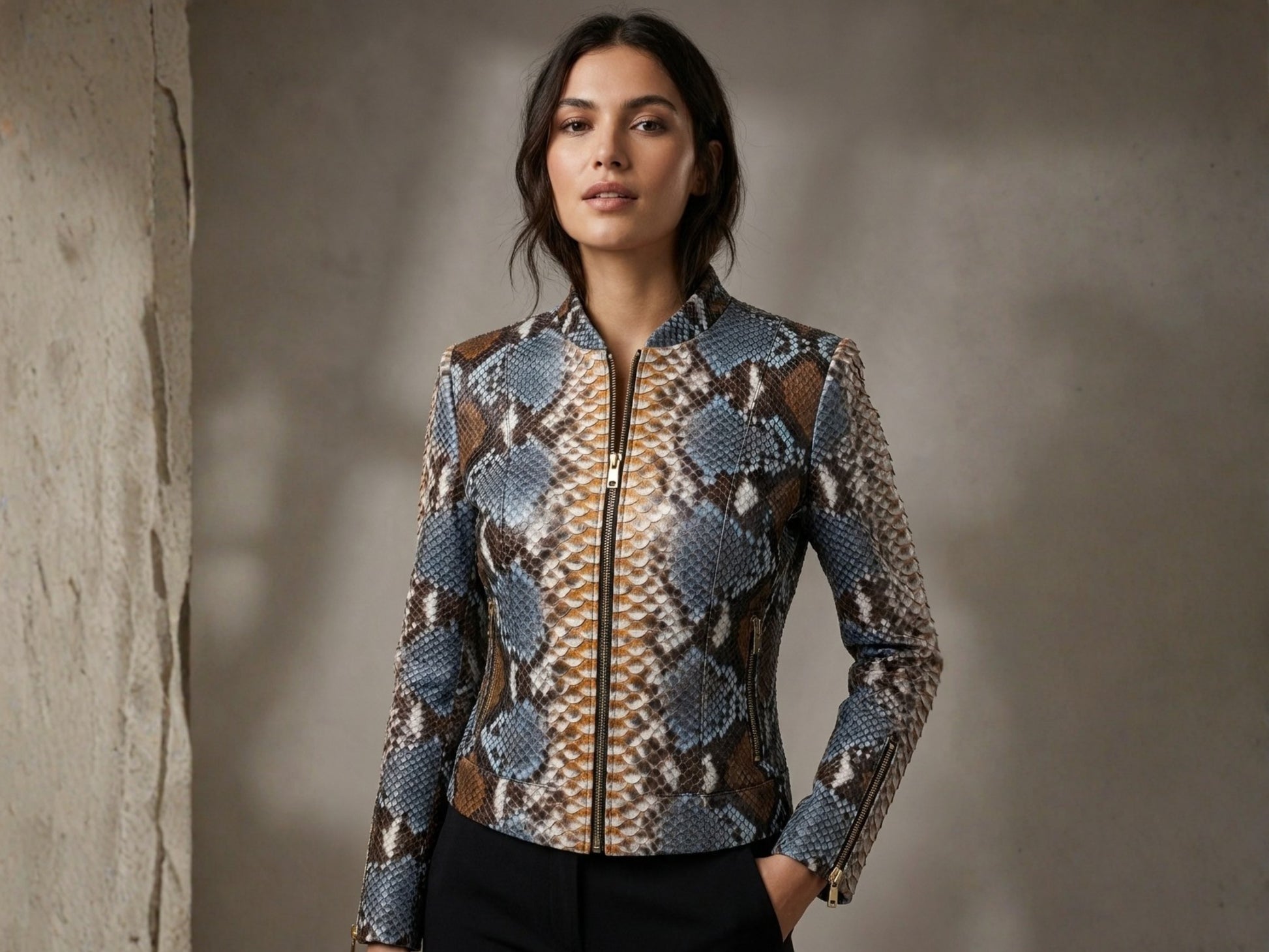 Exotic Blue Brown Python Snakeskin Leather Jacket