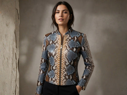 Exotic Blue Brown Python Snakeskin Leather Jacket