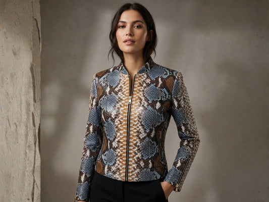 Exotic Blue Brown Python Snakeskin Leather Jacket