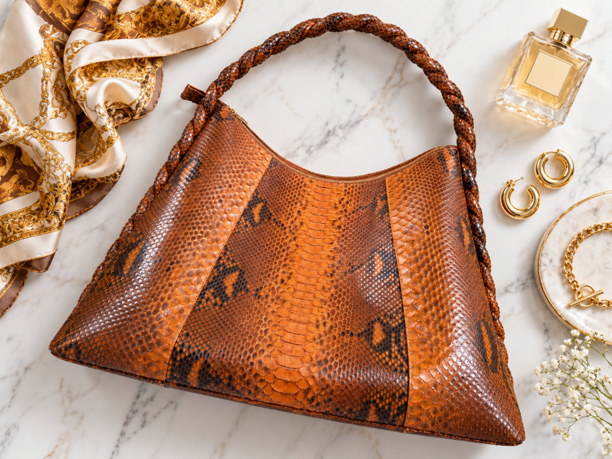 A brown and orange snakeskin-pattern shoulder bag with braided handles, styled on a white marble surface with a gold-and-white scarf, perfume bottle, earrings, and jewelry nearby.