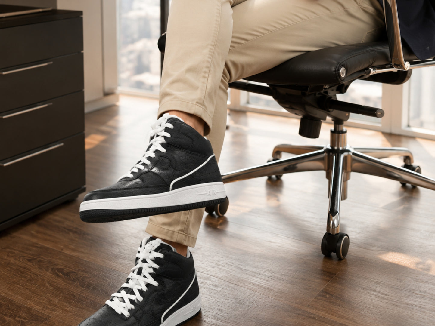 Black Ostrich Skin Leather High-Top Sneakers