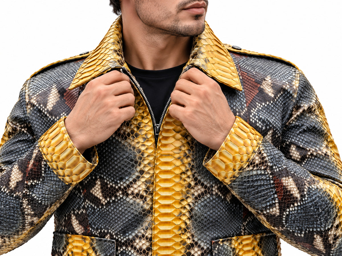 Close-up of a man adjusting the collar of a mustard gold and charcoal python snakeskin leather jacket, highlighting the textured scales, zipper, contrasting cuffs, and leather craftsmanship.