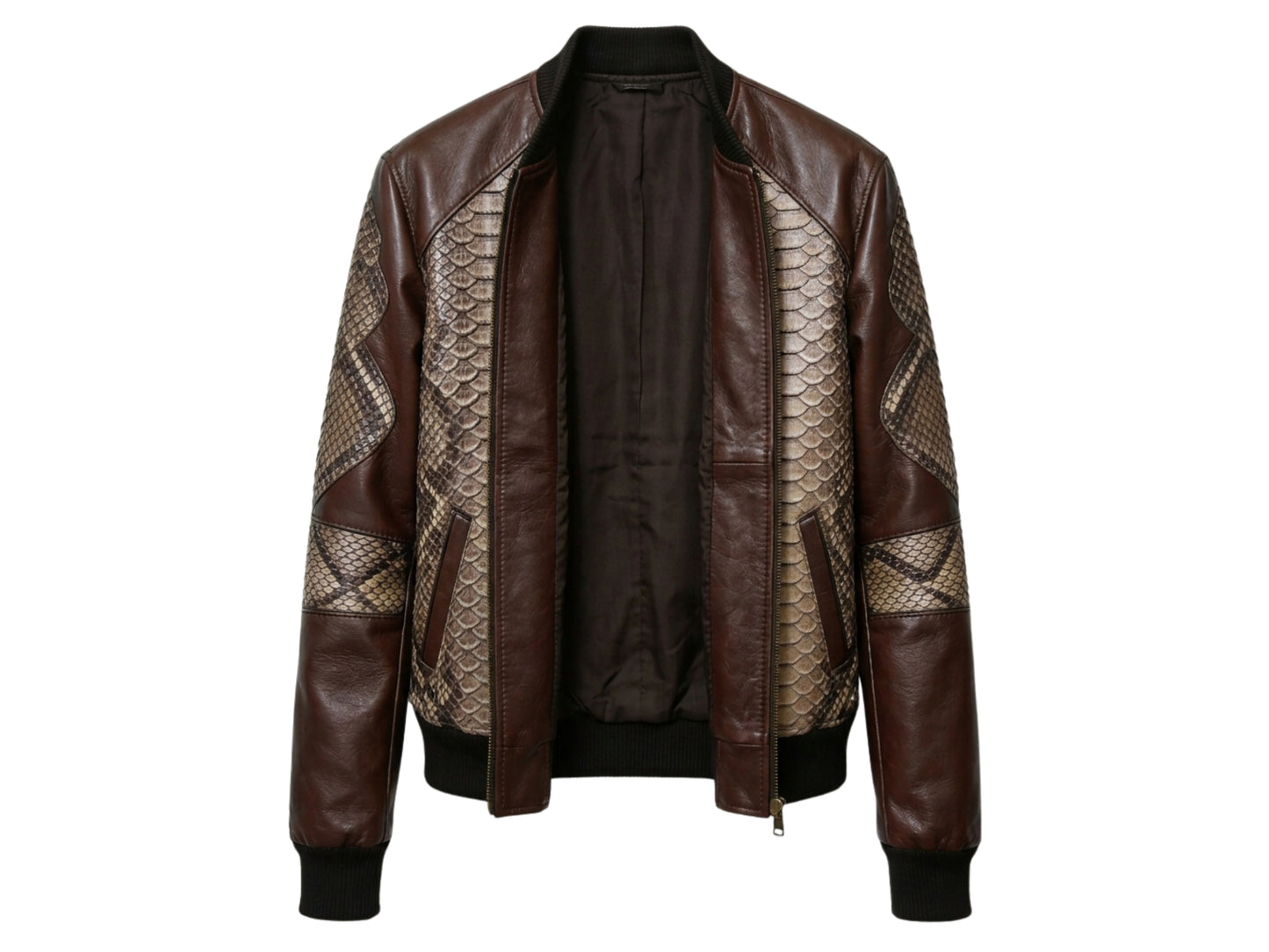 Dark Brown Python Snakeskin Bomber Jacket