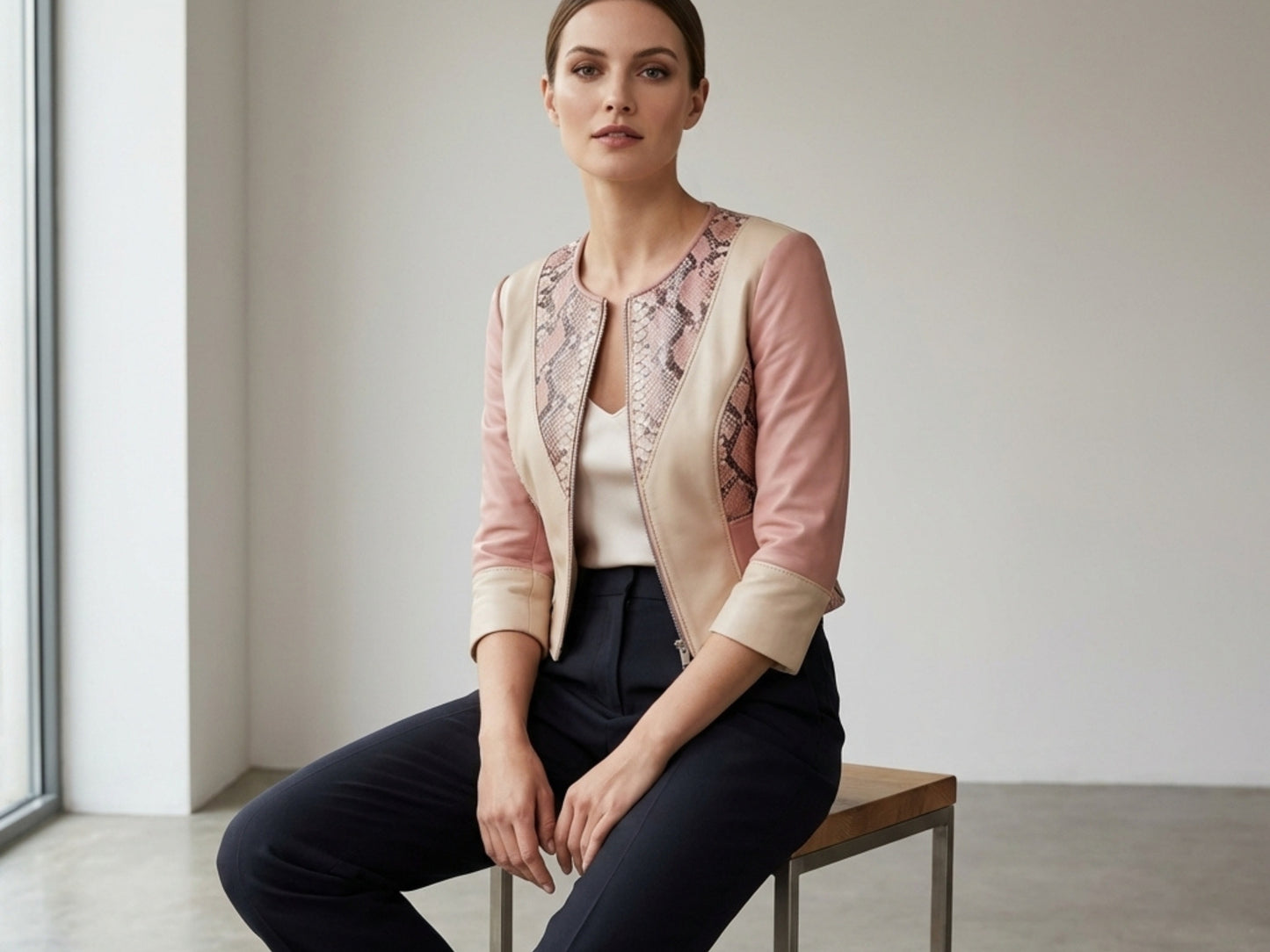 Blush Snakeskin Panel Cropped Leather Jacket