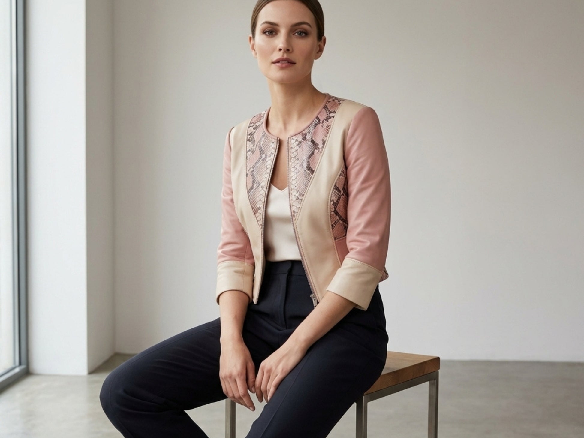 Blush Snakeskin Panel Cropped Leather Jacket