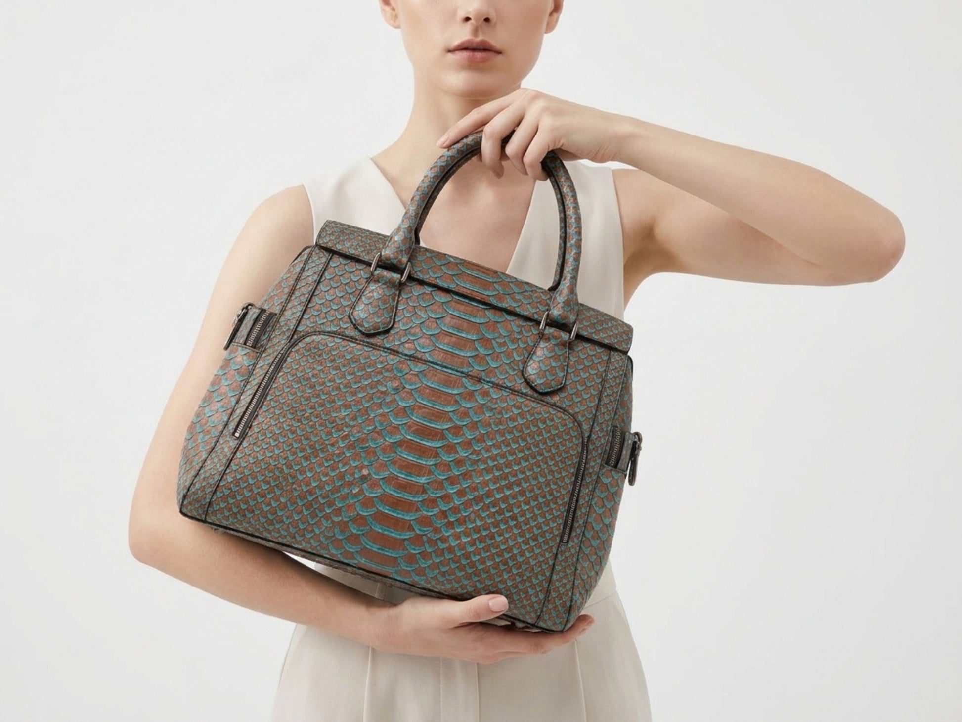 Brown Turquoise Python Snakeskin Leather Satchel Tote