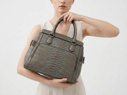 Brown Turquoise Python Snakeskin Leather Satchel Tote