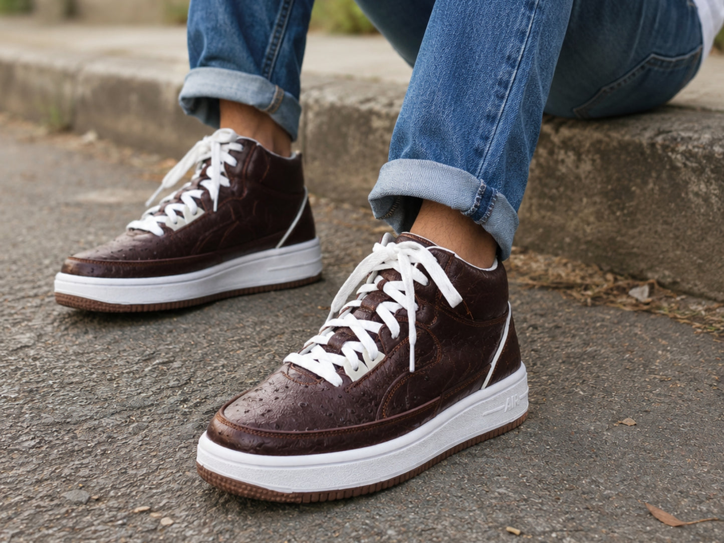 Brown Ostrich Skin Leather High-Top Sneakers