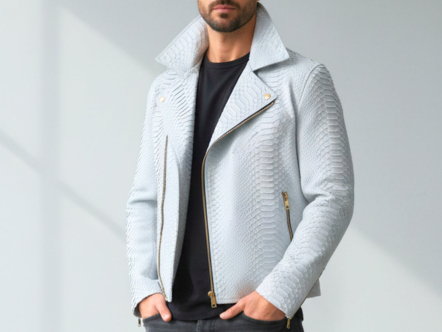 White Python Snakeskin Biker Jacket: Genuine Exotic Leather