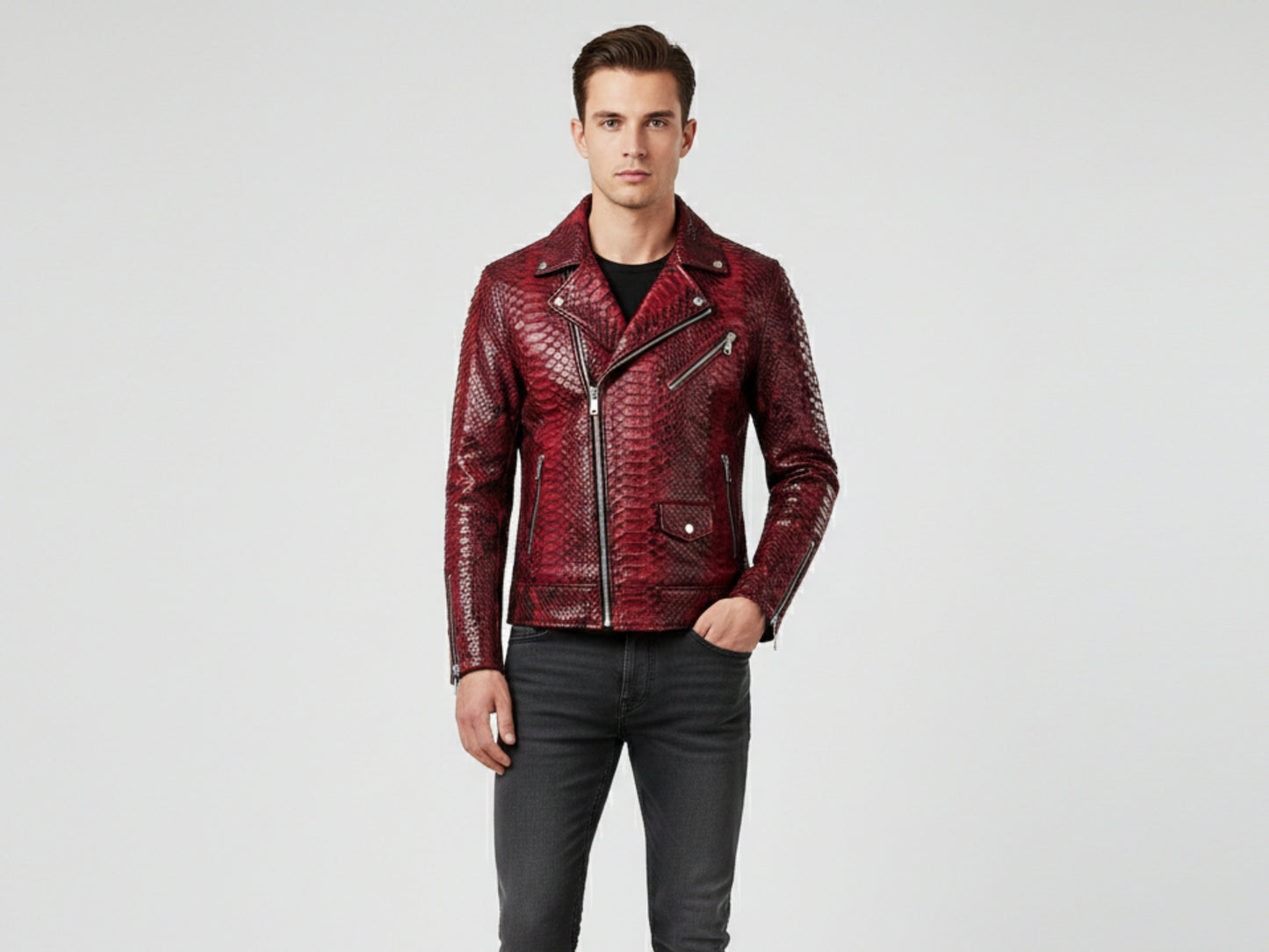 Genuine Python Snakeskin Leather Biker Jacket: Red Exotic Motorcycle Jacket